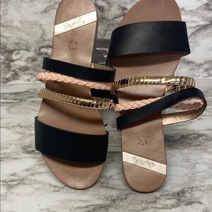 Qupid Black and Gold Sandals with Multiple Straps